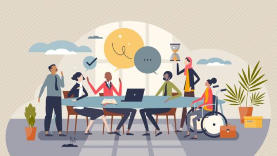 Diversity and inclusion in workplace as team acceptance tiny person concept. Teamwork power with various ethnic, racial and culture groups vector illustration. Business staff employment tolerance.