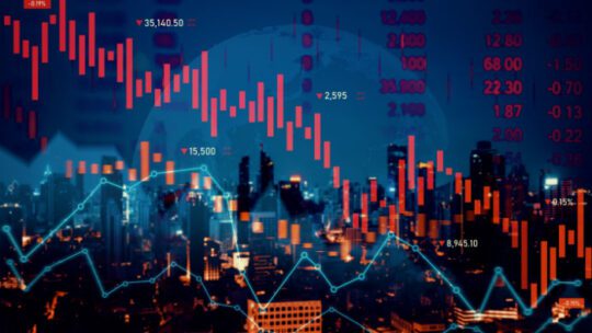 Economic crisis concept shown by declining graphs and digital indicators overlap modernistic city background. Double exposure.