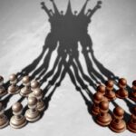 Business group leadership concept as a merger and acquisition and corporate teamwork combining strengths as chess pawns forming a king crown cast shadow as a 3D illustration.