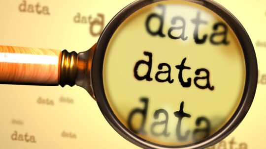 Data - word and a magnifying glass enlarging it to symbolize studying, examining or searching for an explanation and answers related to the idea of Data, 3d illustration