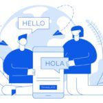 Vector flat line translation design concept of big modern people, holding smartphone with word Hello in spanish.