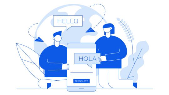 Vector flat line translation design concept of big modern people, holding smartphone with word Hello in spanish.