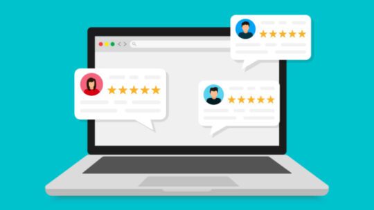 aptop with customer reviews, flat cartoon design of Computer display and online reviews or customer reviews, experience or feedback concept, star rating, notifications. Rating bubble.