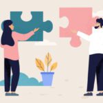 Teamwork and collaboration concept with four diverse multiracial people with puzzle pieces trying to find a solution together, flat cartoon colored vector illustration. Business metaphor