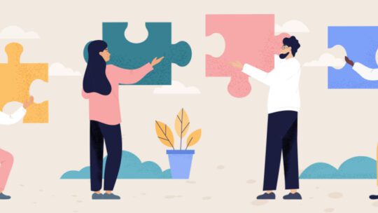 Teamwork and collaboration concept with four diverse multiracial people with puzzle pieces trying to find a solution together, flat cartoon colored vector illustration. Business metaphor