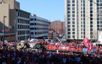 A Record Number of Fans Show their Support for The Kansas City Chiefs 2024 Superbowl Win at the Parade, near Grand Blvd and 8th Street.