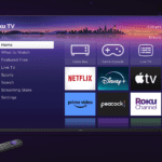 Roku platform on tv screen with remote.