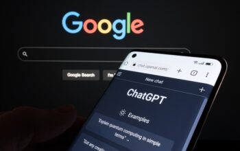 ChatGPT AI chat bot page seen on smartphone and laptop display with blurred GOOGLE search page.
