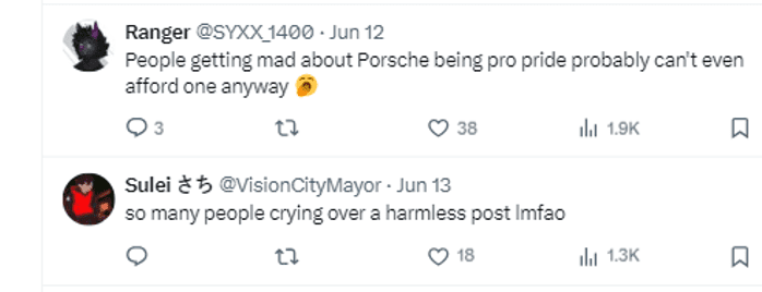 Porsche fans defending brand on Twitter/X for Pride photo