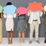 Communication, feedback and mockup with business people and speech bubble for logo, social media and forum.