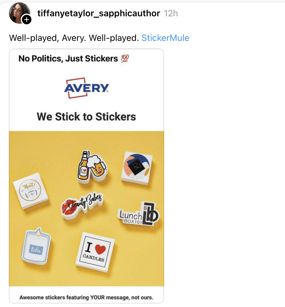 A social post by Avery stickers that welcomes all customers regardless of their opinions