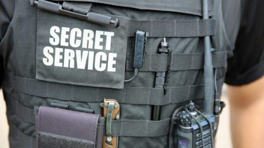 U.S. Secret Service officer, wearing a vest with various equipment attached, stands in front of White House. Washington DC. USA
