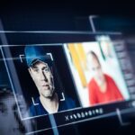 Deep fake. Deepfake and AI artificial intelligence video editing technology. Face of a person in editor. Machine learning concept. Fraud picture swap.