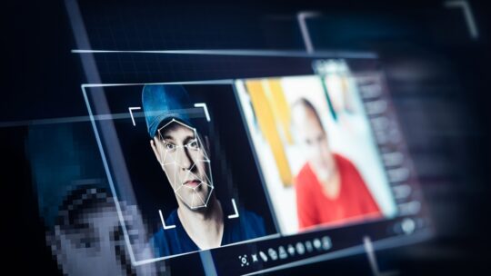 Deep fake. Deepfake and AI artificial intelligence video editing technology. Face of a person in editor. Machine learning concept. Fraud picture swap.