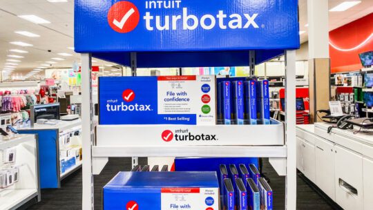 TurboTax display in a store in South San Francisco Bay Area; TurboTax is an American tax preparation software package offered by Intuit Inc.