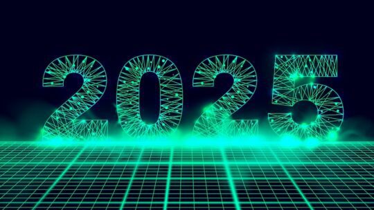 Happy new year 2025 digital treatment, numbers from a polygonal wireframe mesh with green smoke. Abstract background.