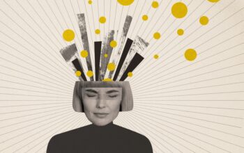 Composite collage image of female head exploding with overloaded information, tired