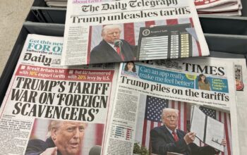 Nottinghamshire, UK 03 April 2025 : comparison of UK newspaper views on Trump unleashes Liberation Day Tariff announcement