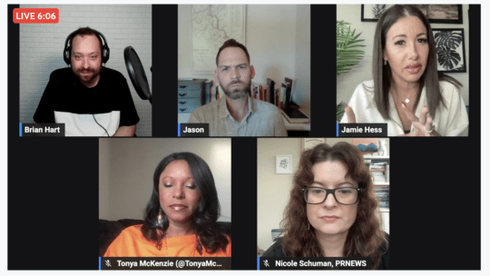 Off The Record Livestream Session screenshot with Brian Hart, Nicole Schuman and panelists talking about PR Agency burnout.