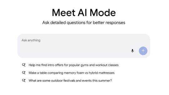 Google AI Mode homepage which includes a search bar