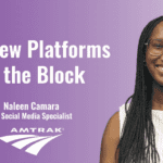 Naleen Camara Sr. Social Media Specialist at Amtrak with her headshot on a graphic for her presentation New Platforms on the Block