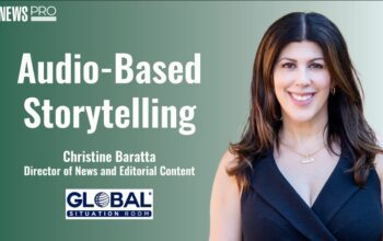 Audio-Based Storytelling title graphic with a headshot of Christine Baratta of Global Situation Room