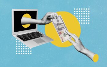 Creative photo collage artwork postcard poster sketch of money payment for subscription inside netbook isolated on painting background