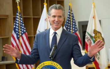 Turlock, CA - Jan 6, 2025: CA Governor Gavin Newsom speaking at a press conference regarding the California Jobs First project and previewing budget top lines for the upcoming fiscal year