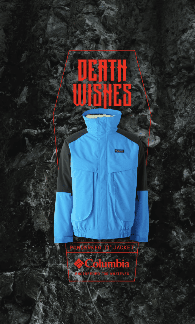 Columbia Sportswear's Powderkeg II Remastered Interchange jacket in its Halloween Death Wishes campaign