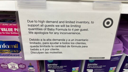 Chicago, IL, USA - June 2 2022: Bilingual signage at a Chicago Target store limits the purchase quantity of baby formula to four per guest due to the nationwide shortage.