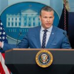 Defense Secretary Pete Hegseth Speaks during a press briefing at the white house press room podium