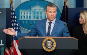 Defense Secretary Pete Hegseth Speaks during a press briefing at the white house press room podium