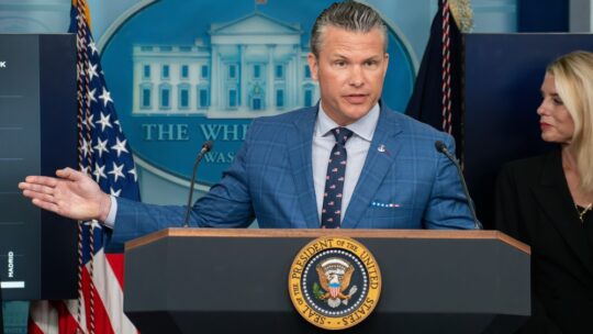 Defense Secretary Pete Hegseth Speaks during a press briefing at the white house press room podium