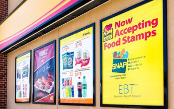 2019: Love's gas station and sign on building exterior entrance in Missouri with convenience store closeup for food stamps