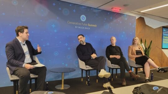 Natan Edelsburg of Muck Rack, Gabriel Sands, Head of News and Lifestyle Partnerships, Reddit, Scott Lamb, VP, Content, Medium and Shelagh Dolan, Head of Business Marketing, Quora, speak at Muck Rack's Generative Pulse event.