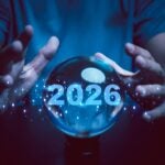 A glowing crystal ball with the year 2026 illuminated inside surrounded by human hands and digital sparkles. This image symbolizes prediction, foresight, planning, and vision for the future.
