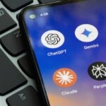 ChatGPT, Gemini, Microsoft Copilot, Claude, and Perplexity app icons are seen on a Google Pixel smartphone. AI competition concepts.