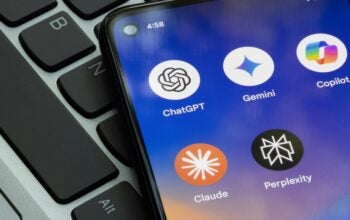 ChatGPT, Gemini, Microsoft Copilot, Claude, and Perplexity app icons are seen on a Google Pixel smartphone. AI competition concepts.