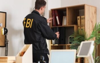Male FBI agent taking folder from shelf in office, back view