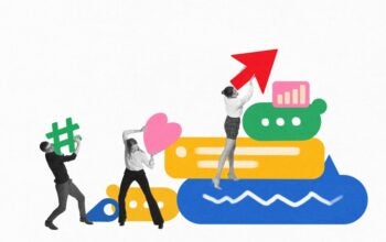 Collage in digital pop-art style with team building social media pyramid. Concept of cooperation, digital growth, branding, influence marketing, content strategy and teamwork in online space.