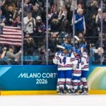 MILAN, Lombardy ITA - February 10, 2026: Team USA Celebrates after making a goal against Team Canada in the Preliminary Round Group A at the Milano Santagiulia Ice Hockey Arena in MILAN, Italy during the 2026 Milano Cortina Winter Olympics. Team USA defeats Canada, 5-0.