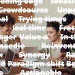 jargon words used in business presentations struck through over an image of people working on a deck