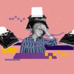 Collage of journalist touching head in a headache pose surrounded by typewriters on pink background