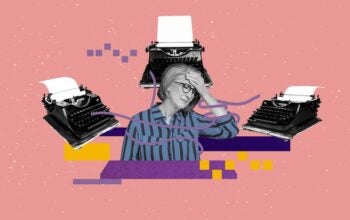 Collage of journalist touching head in a headache pose surrounded by typewriters on pink background