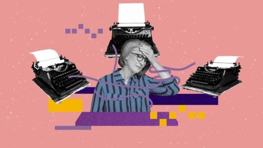 Collage of journalist touching head in a headache pose surrounded by typewriters on pink background