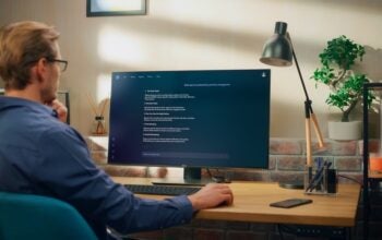 Creative Prompt Engineer Sits at a Desk Using a Computer, Using AI Chatbot Virtual Assistant.