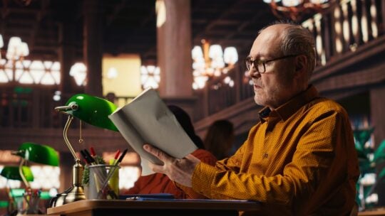 man immersed in reading and writing at a university campus library