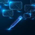 Content creation, digital education, and AI copywriting concept with glowing polygonal pencil and chatbot bubbles.