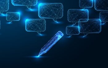 Content creation, digital education, and AI copywriting concept with glowing polygonal pencil and chatbot bubbles.