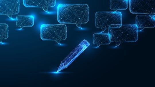 Content creation, digital education, and AI copywriting concept with glowing polygonal pencil and chatbot bubbles.